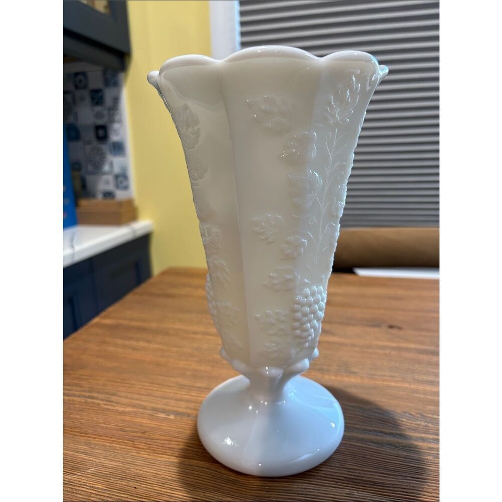 Westmoreland White Milk Glass Pedestal Vase with Grape and Floral Relief
